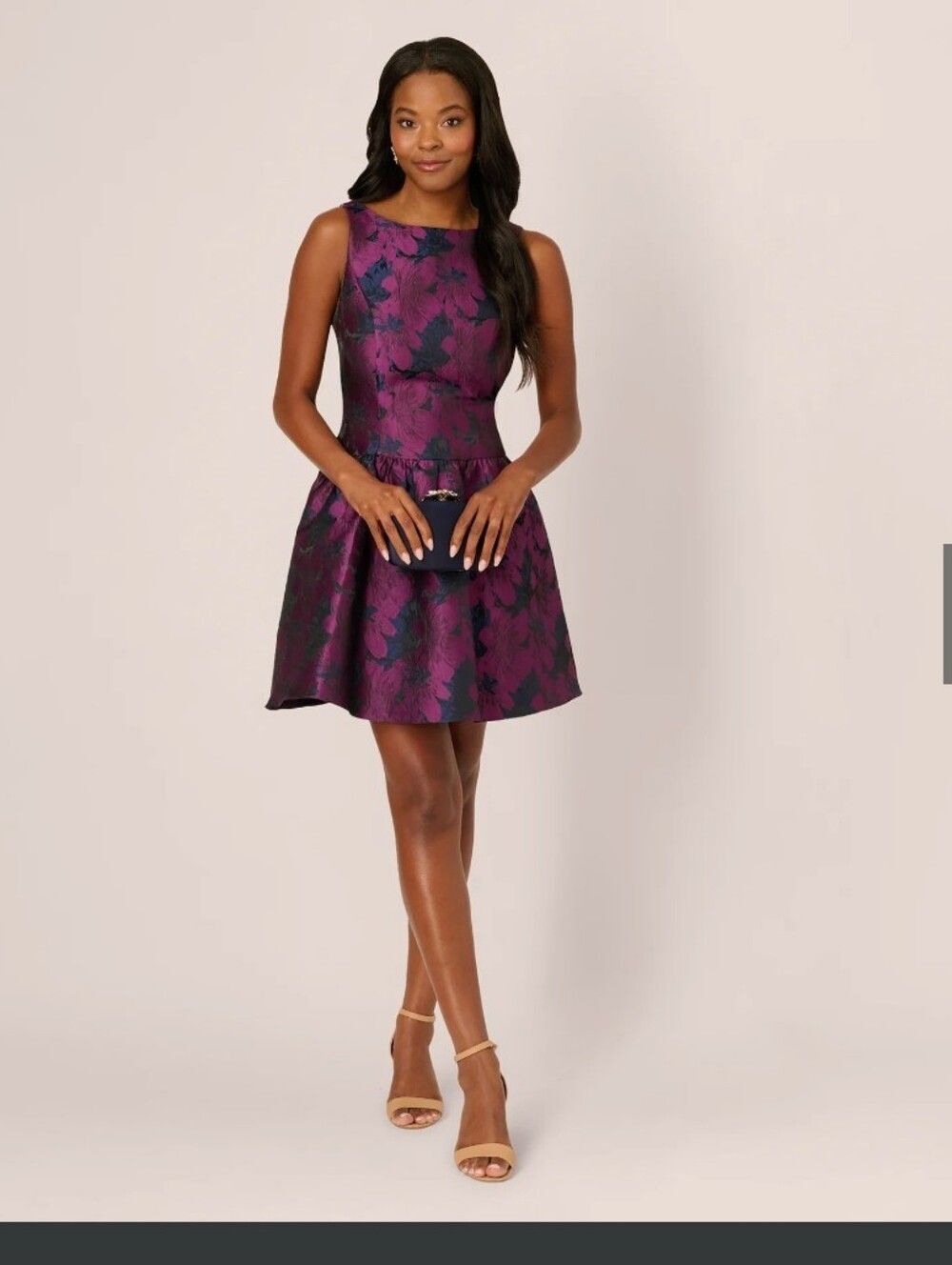 Adrianna Papell flounce Sleeveless Floral Jacquard mini–Dress In Navy Plum